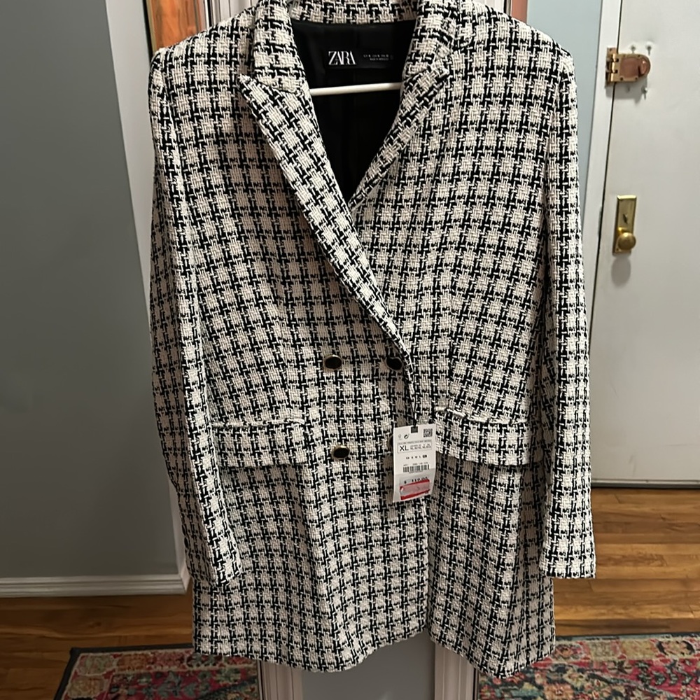 Zara black and white double breasted blazer .
